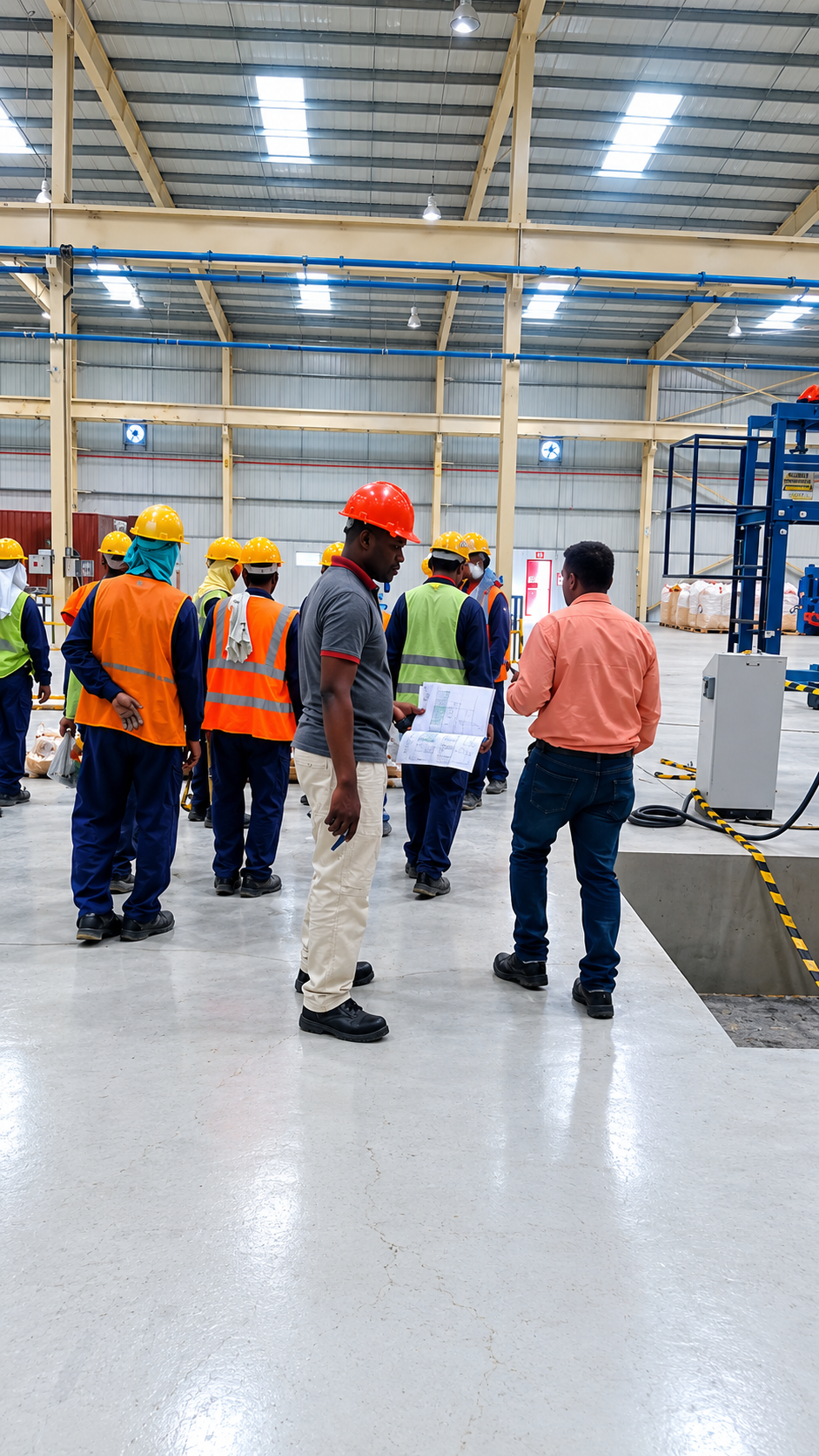 A group of construction workers and supervisors having a discussion inside a large industrial warehouse with high ceilings, metal walls, and bright lighting. The workers are wearing safety helmets, vests, and protective clothing.