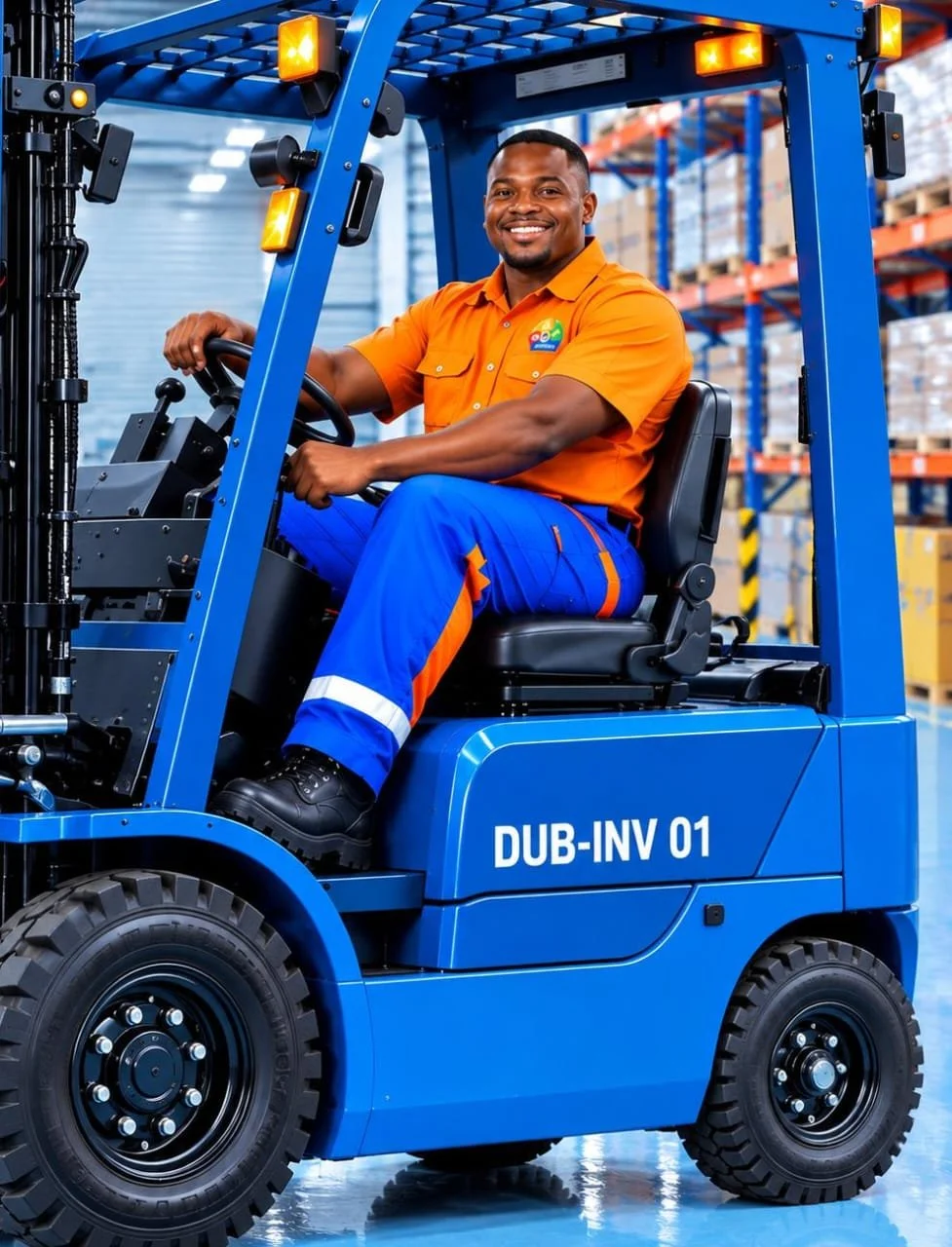 A smiling man wearing an orange shirt and blue work pants driving a blue forklift in a warehouse with shelves of boxes in the background.