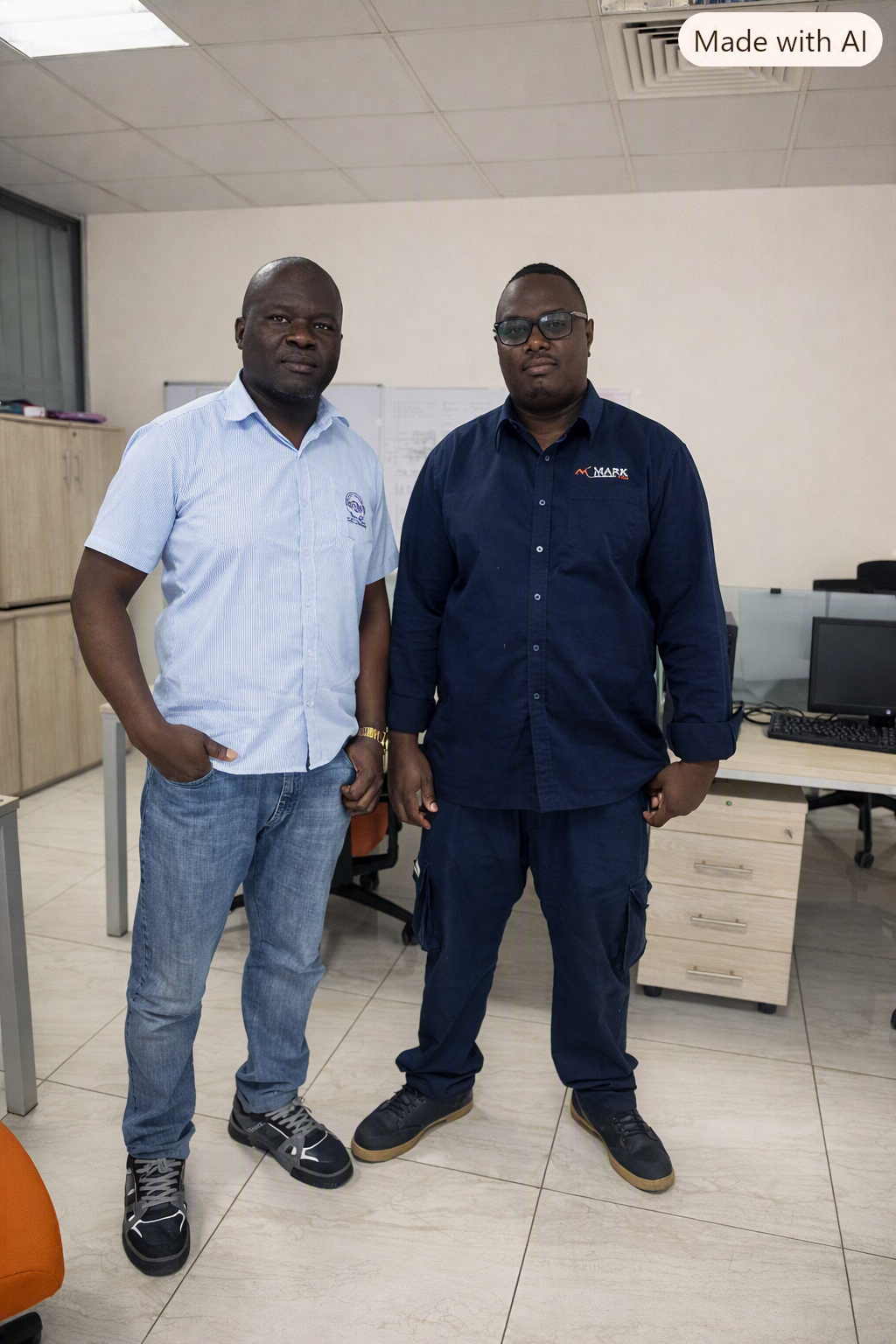 Two men standing inside an office, one wearing a light blue shirt and jeans, and the other in a dark blue shirt and pants, with office furniture and computers in the background.