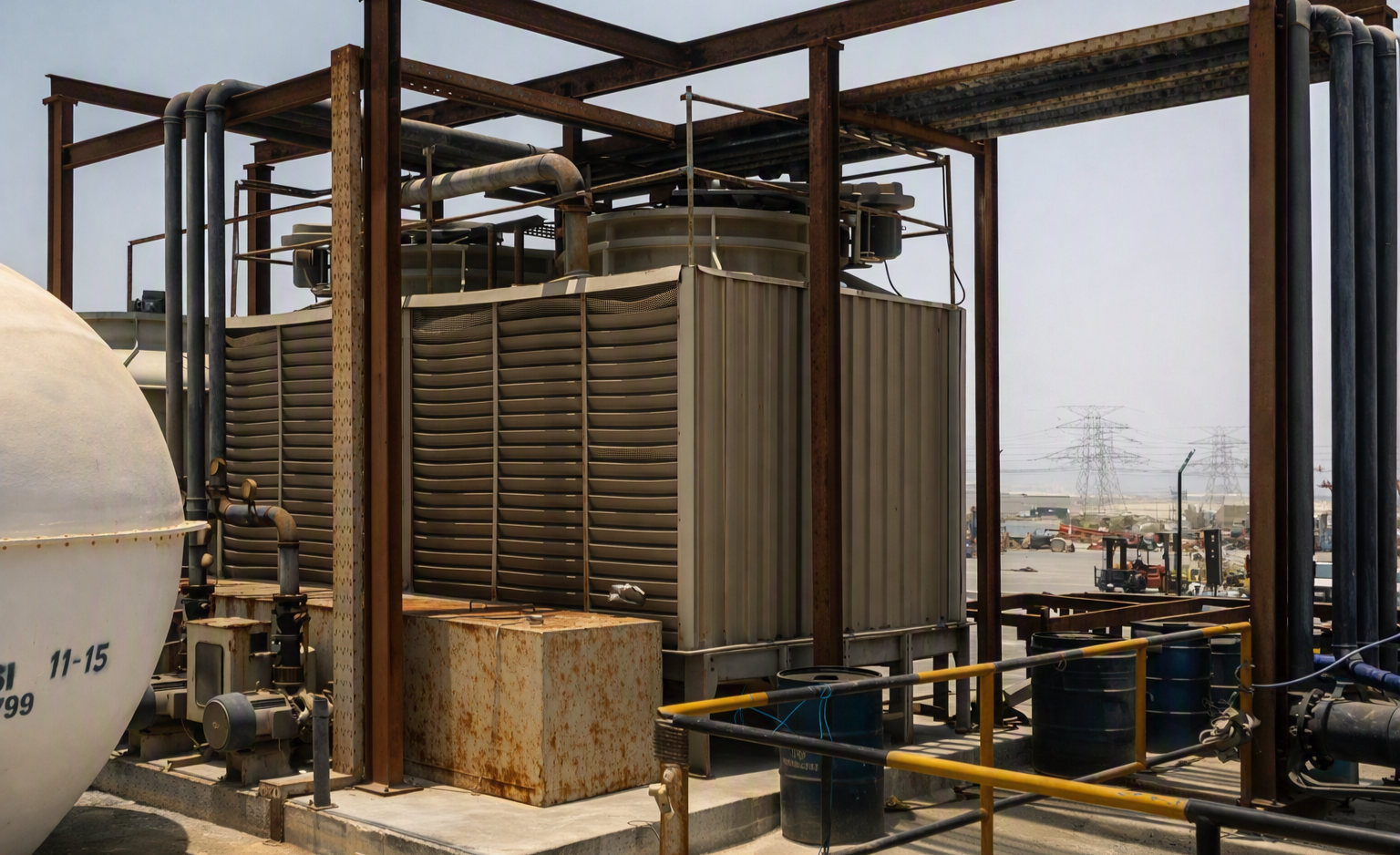Industrial equipment with metal pipes and large cooling units outdoors, surrounded by rusted metal framework and barriers, with power lines and trucks in the background.