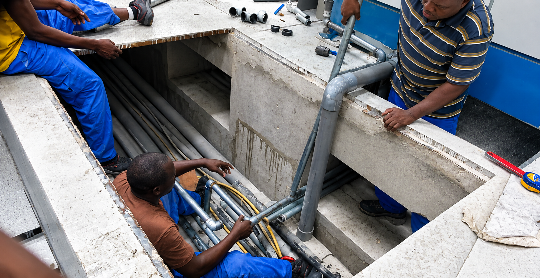 Three workers installing and connecting plumbing pipes and electrical conduits inside a concrete staircase shaft. One worker is sitting down, another is standing and leaning over, and the third is working underneath.