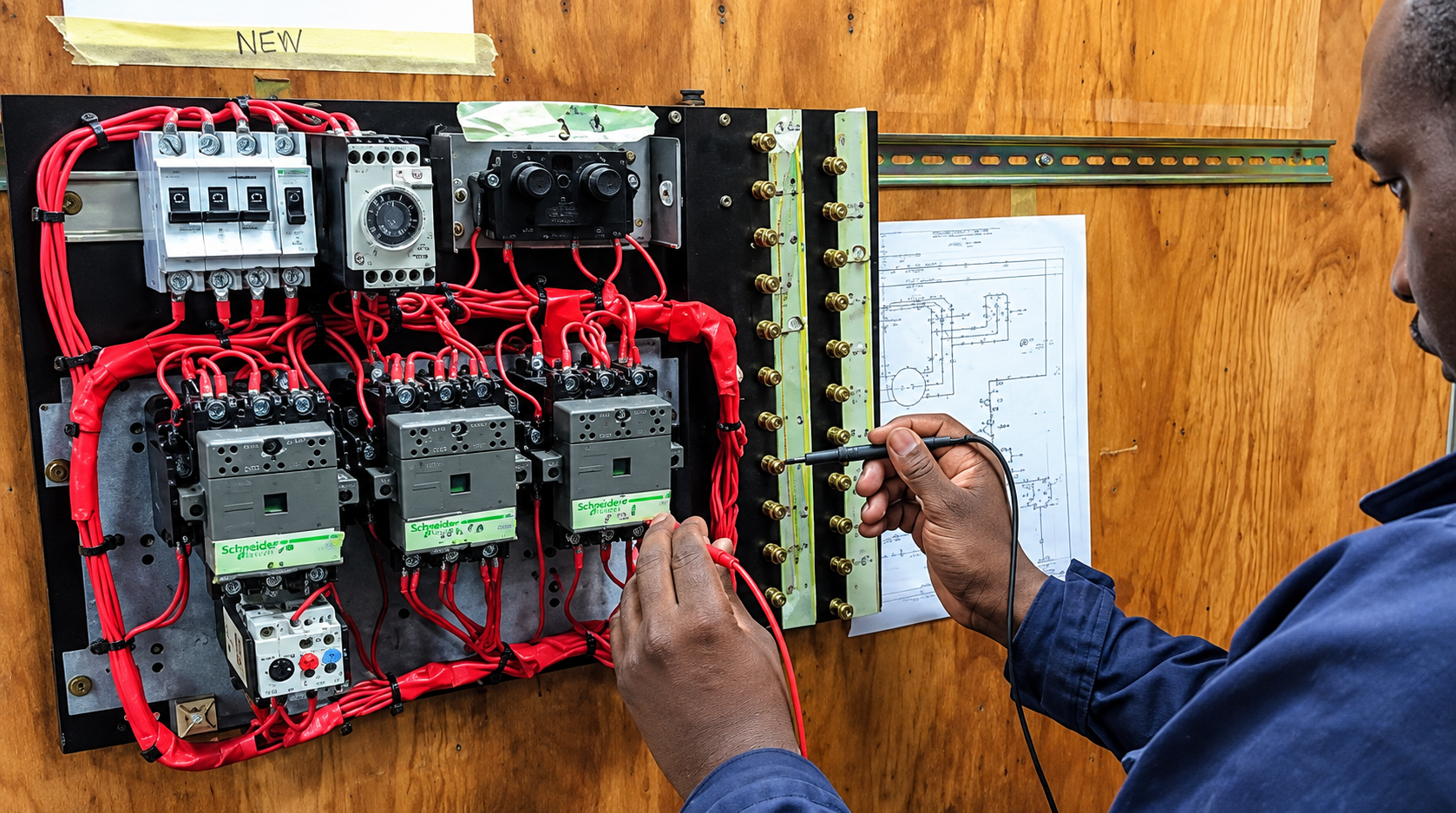 A person working on an electrical control panel with various components and red wires, while referencing a schematic diagram taped to a wooden wall.