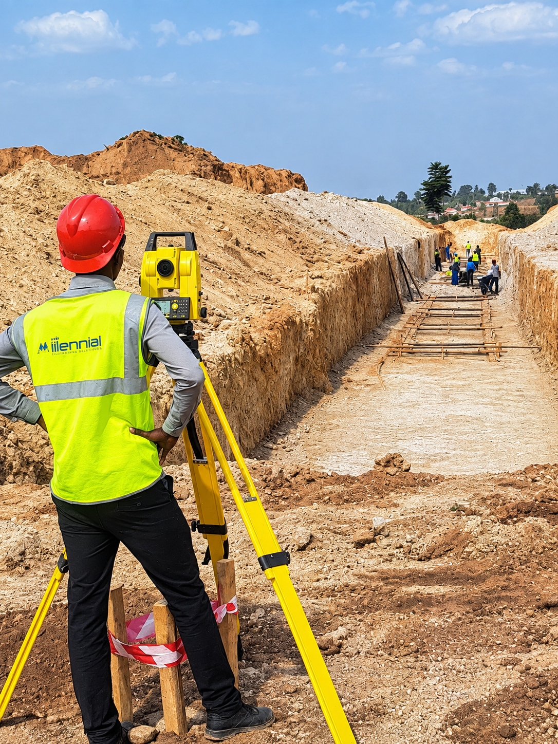 Construction workers and surveyor working on a trench for a building or utility project on a sunny day.