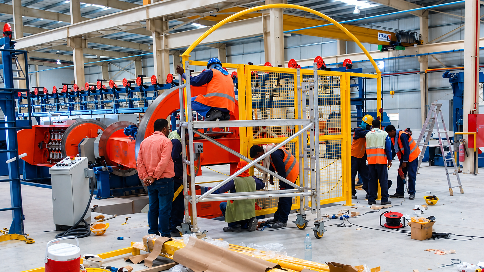 Workers in safety vests and helmets assembling industrial machinery in a large warehouse.