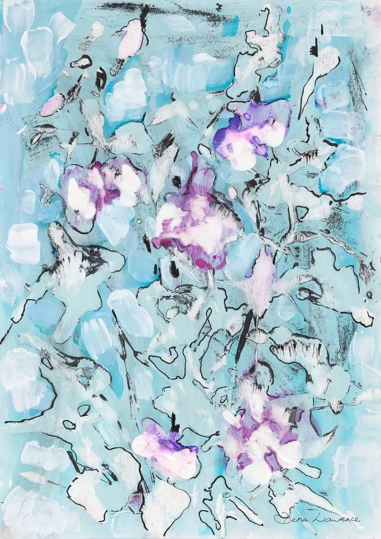 Abstract artwork by Dena Lawrence in pale turquoise, lavender and soft green.