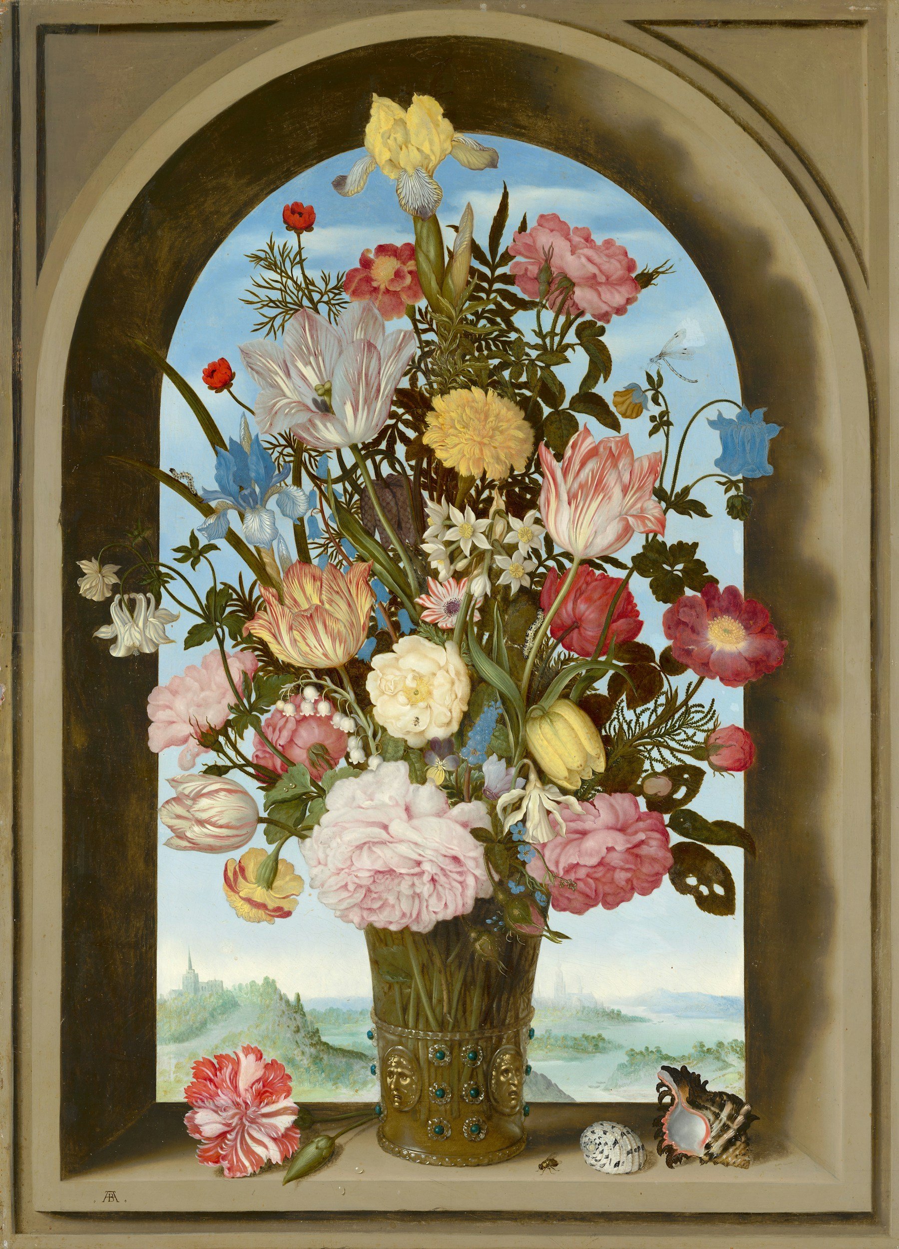 A still life painting of a large bouquet of various flowers in a decorative vase, set in a niche with a landscape view outside the window, including mountains and buildings in the distance. The flowers include irises, peonies, roses, and other blooms, with some shells and a decorative object on the surface below.