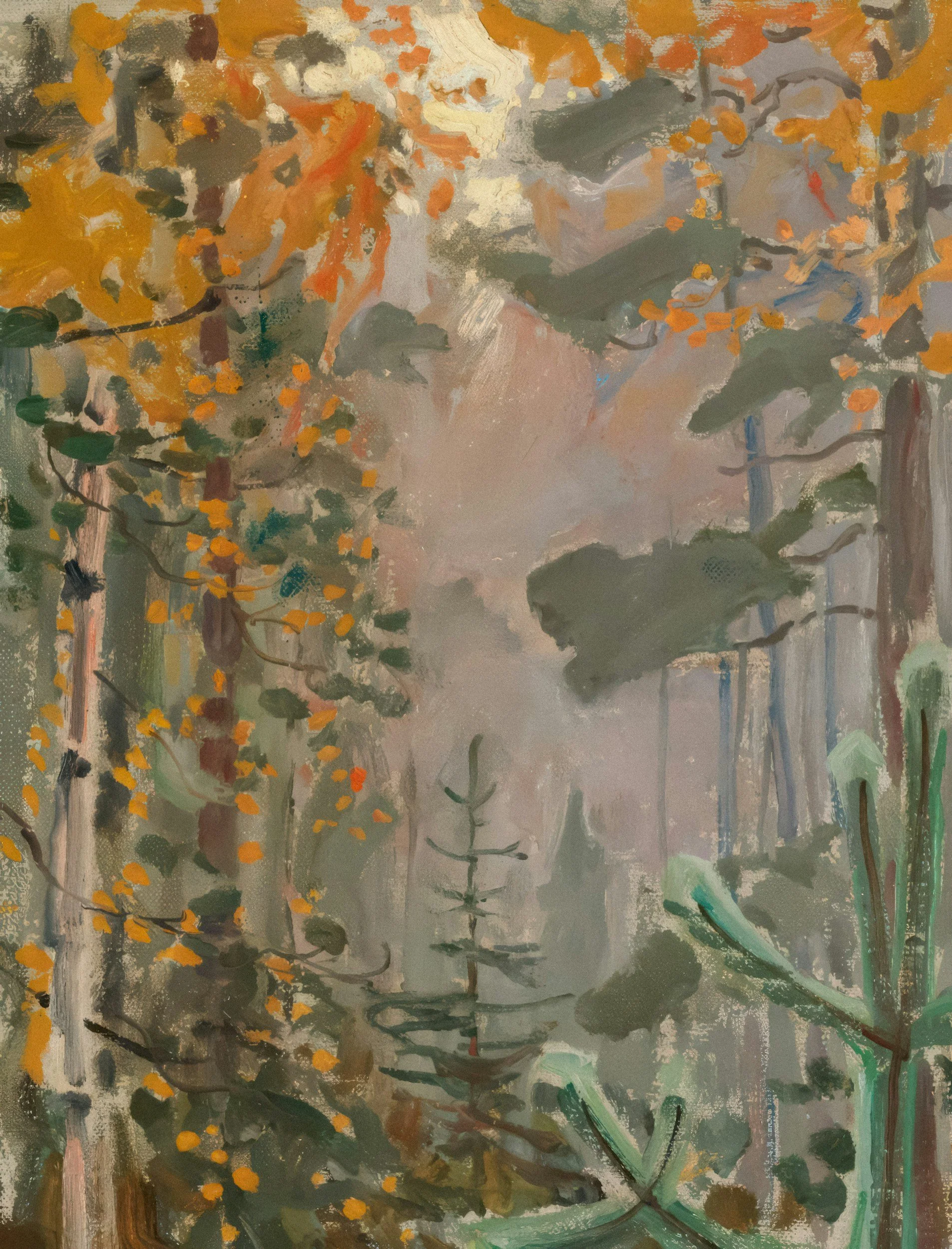 An abstract landscape painting featuring a grove of trees with orange and yellow leaves, some branches and a few distant trees, painted with loose brushstrokes and a muted color palette.