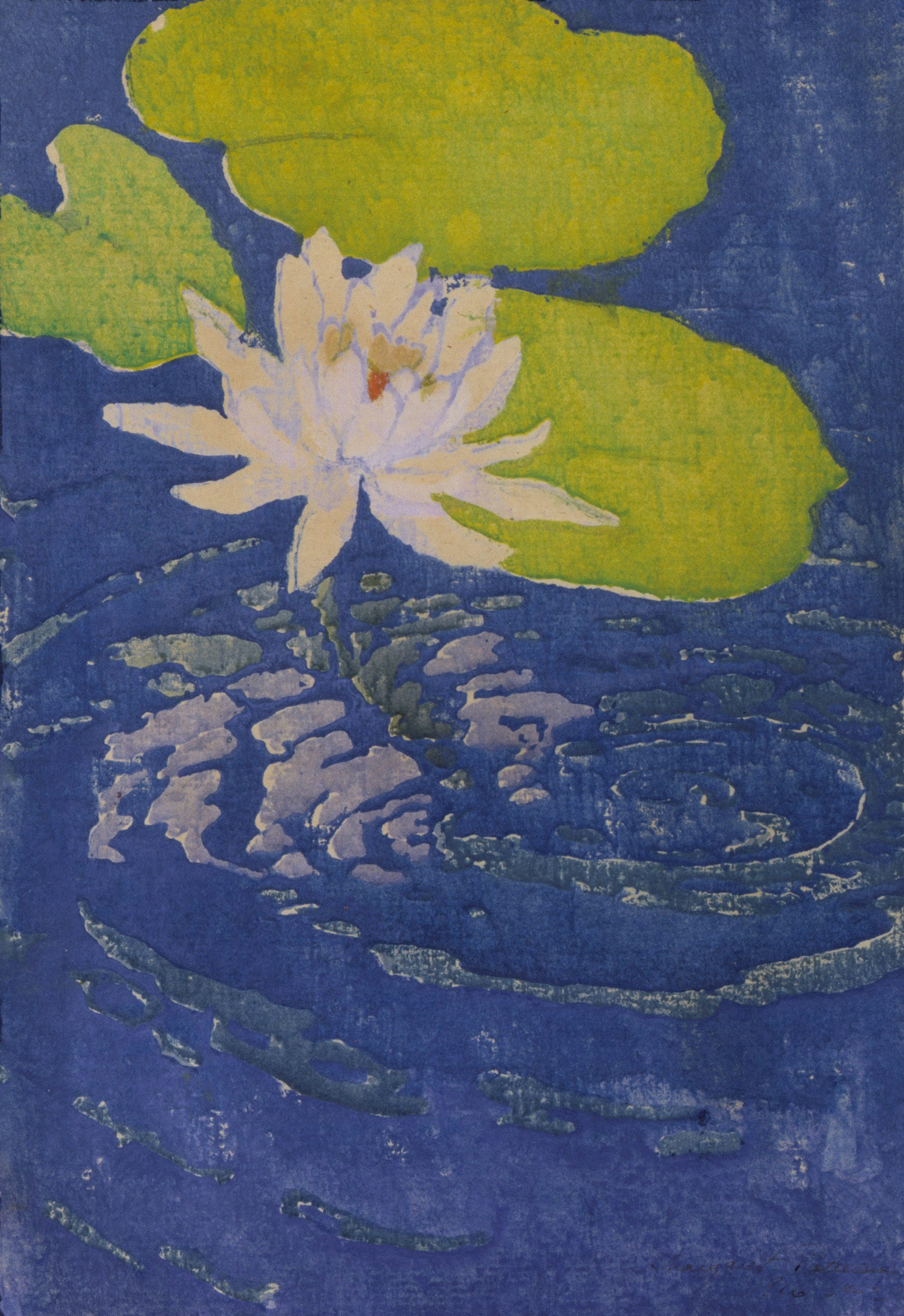 A painting of white water lilies and green lily pads on a blue water background.