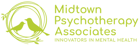 Logo of Midtown Psychotherapy Associates with green bird illustration and text 'Midtown Psychotherapy Associates' and 'Innovators in Mental Health'.