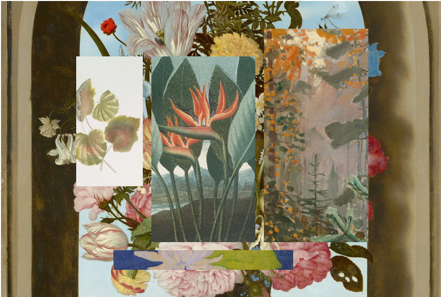 A collage of various floral and nature-themed artworks and photographs layered over a large floral painting background.