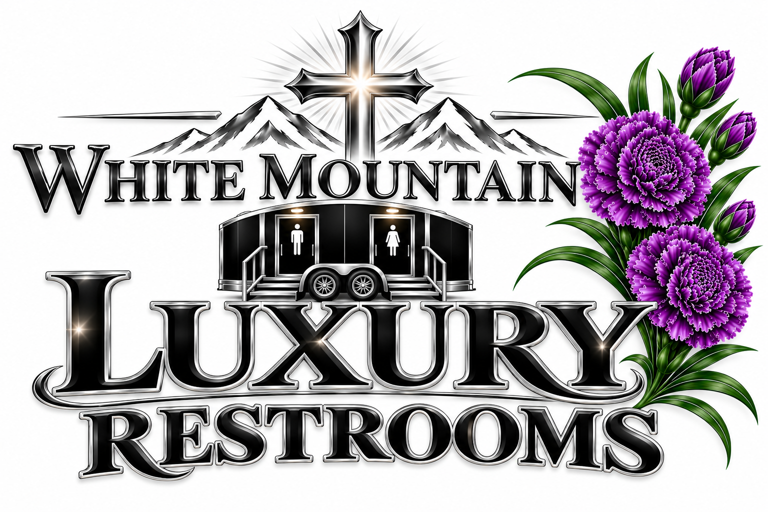 Design featuring a mountain, a cross with radiant light, a trailer with restroom symbols, and purple flowers on the right, with the text 'White Mountain Luxury Restrooms'.