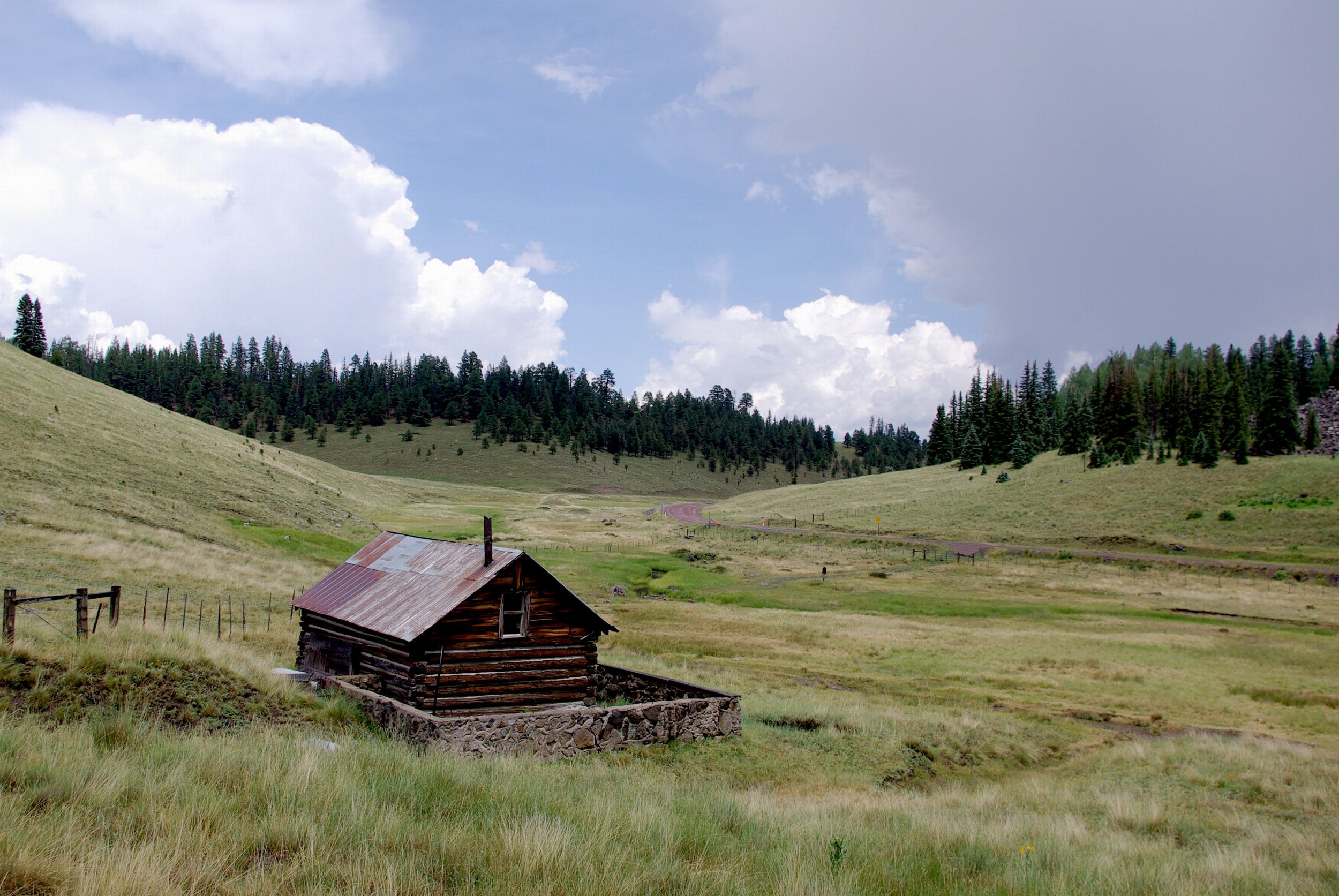 Scenic view of open grassy fields with a small wooden cabin in the foreground, surrounded by a fence. In the background, there is a dense forest of tall trees and a partly cloudy sky.