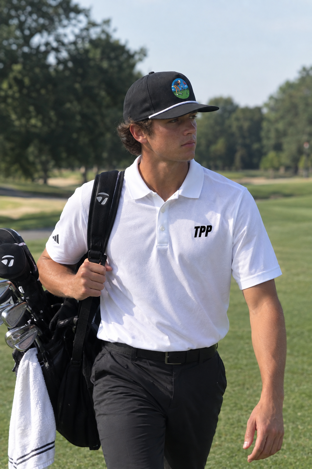 Young male golfer with a black cap and white polo shirt walking on a golf course, carrying golf clubs and a towel.