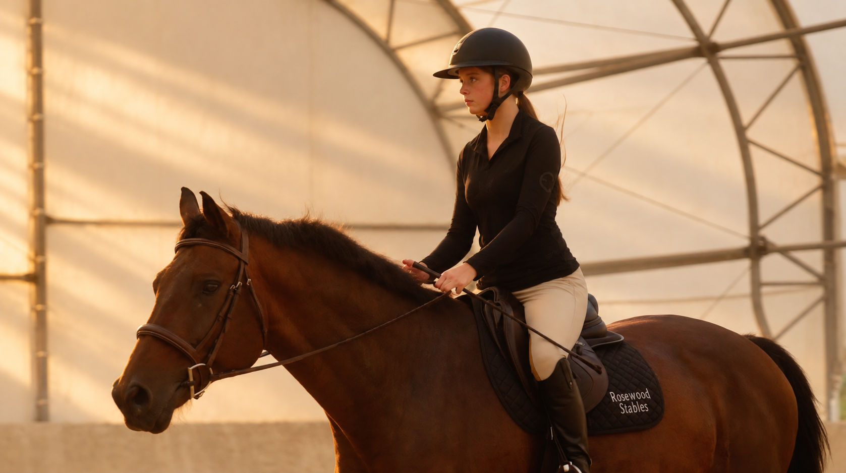 A young woman riding a brown horse inside an indoor riding arena. She is wearing a black helmet, black long-sleeve shirt, and white riding pants. The saddle pad has the words 'Rosewood Stables' on it.