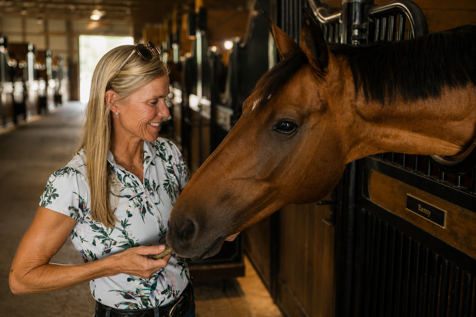A woman with long blonde hair, wearing a white shirt with green leaf patterns, is smiling and holding a brush while grooming a brown horse named Remy inside a stable.