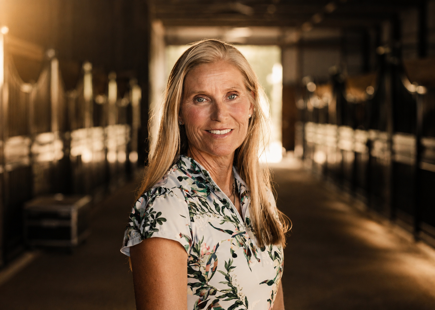 A smiling woman with long blonde hair wearing a floral shirt standing inside a stable or barn.