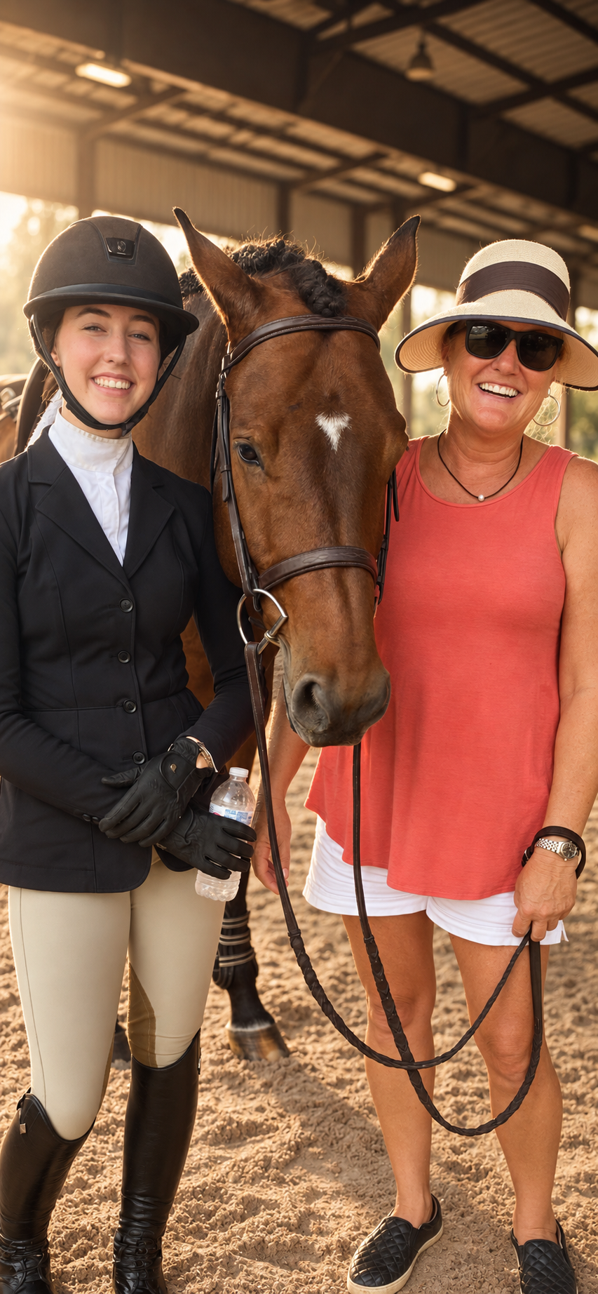 Two women and a horse in an indoor riding arena during sunset, smiling and posing for the camera.