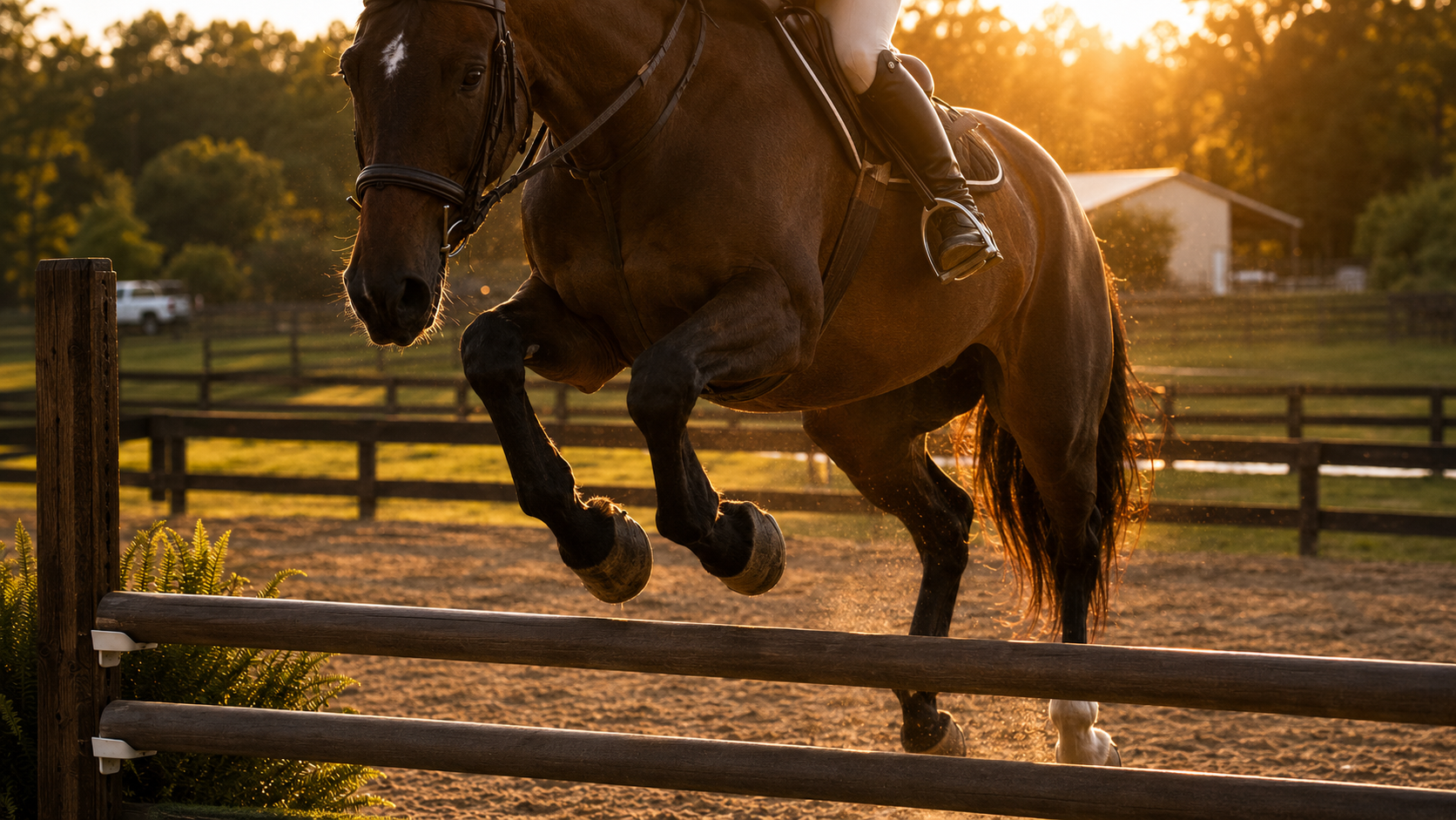 A rider on a brown horse jumping over a hurdle in an outdoor riding arena during sunset.