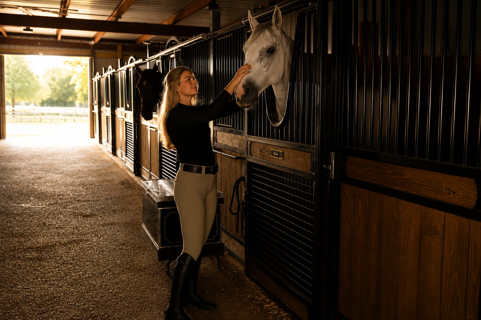 A woman in riding attire petting a white horse inside a stable, with other horses visible in their stalls.