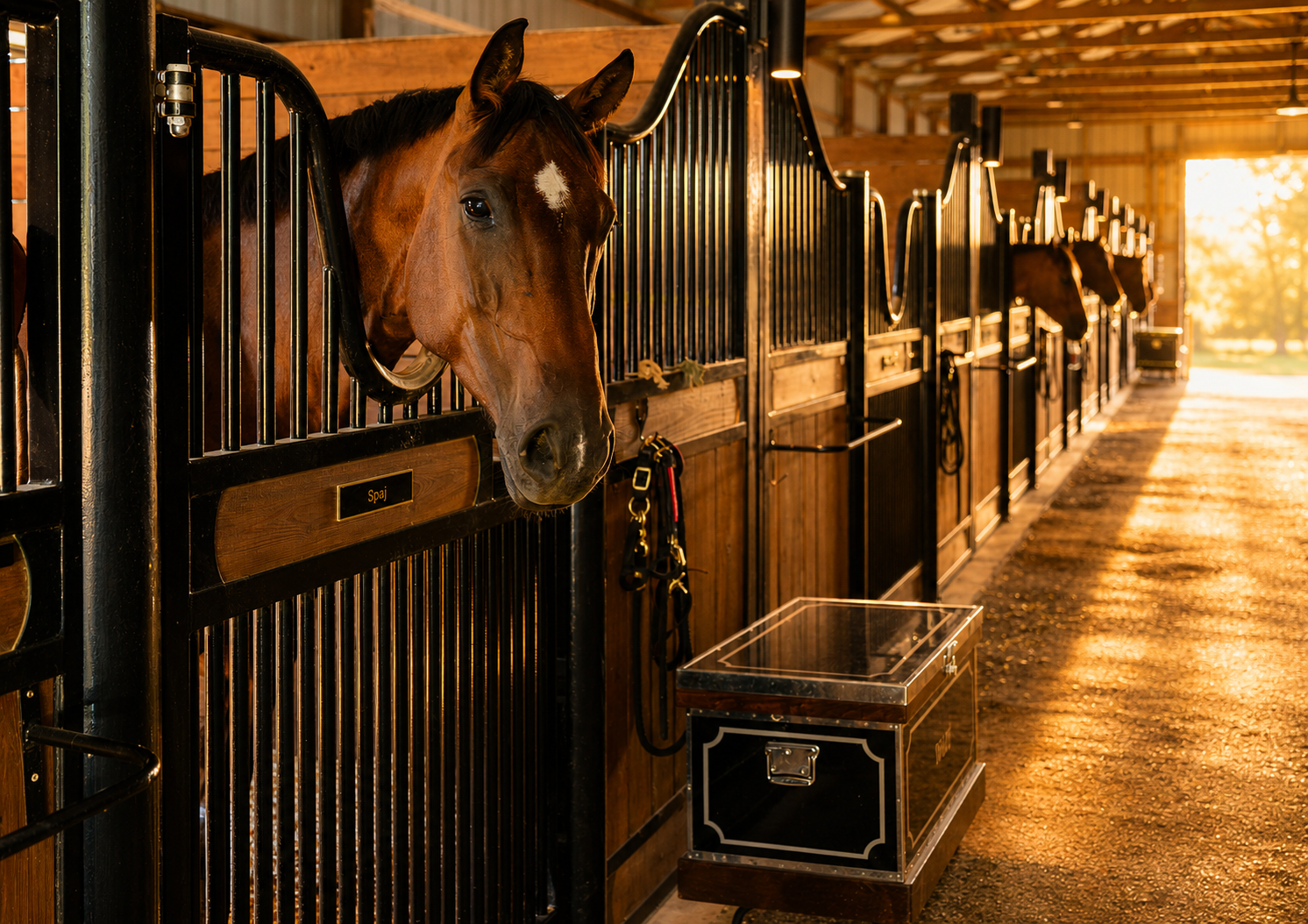 A horse peeks out of a stall in a stable during sunset, with wooden and black metal stall doors and sunlight streaming in.