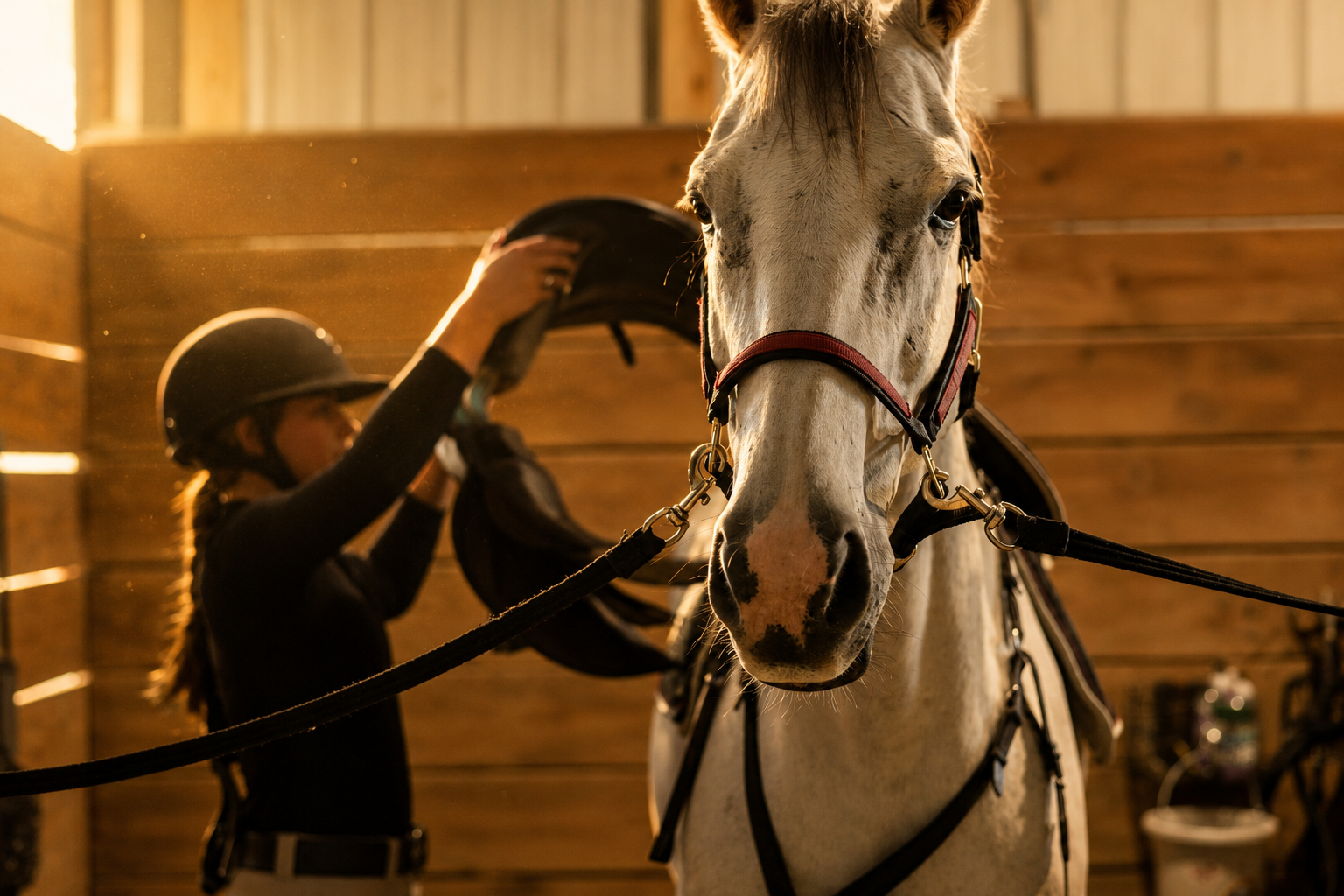 A person in a riding helmet stands in a barn, adjusting the saddle on a white horse with black spots.