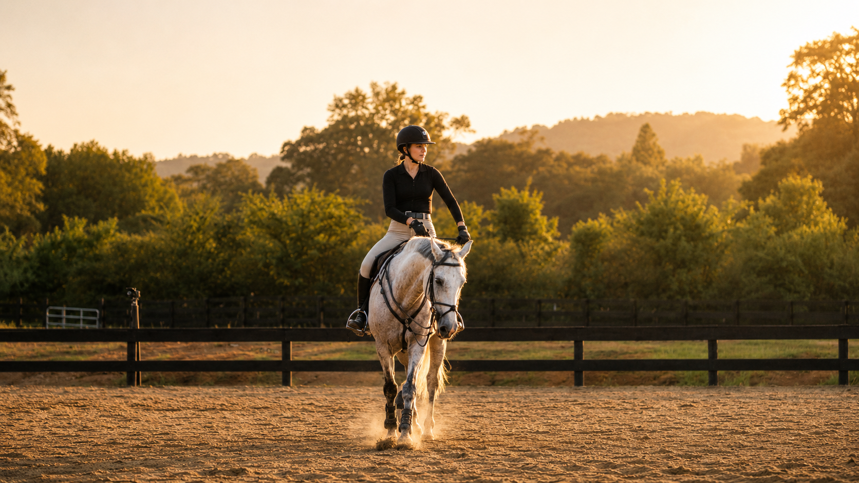 A woman riding a white horse in an outdoor riding arena during sunset.