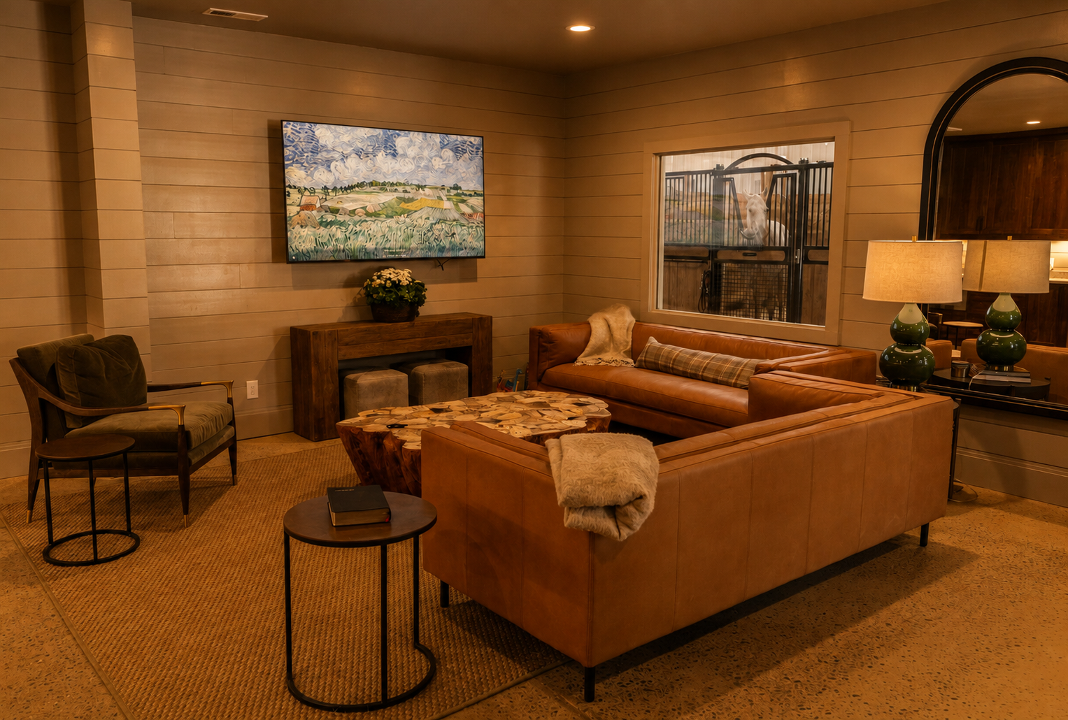 Living room with leather sofa, armchair, wooden coffee table, lamps, wall art, and a window showing a horse outside in a fenced enclosure.