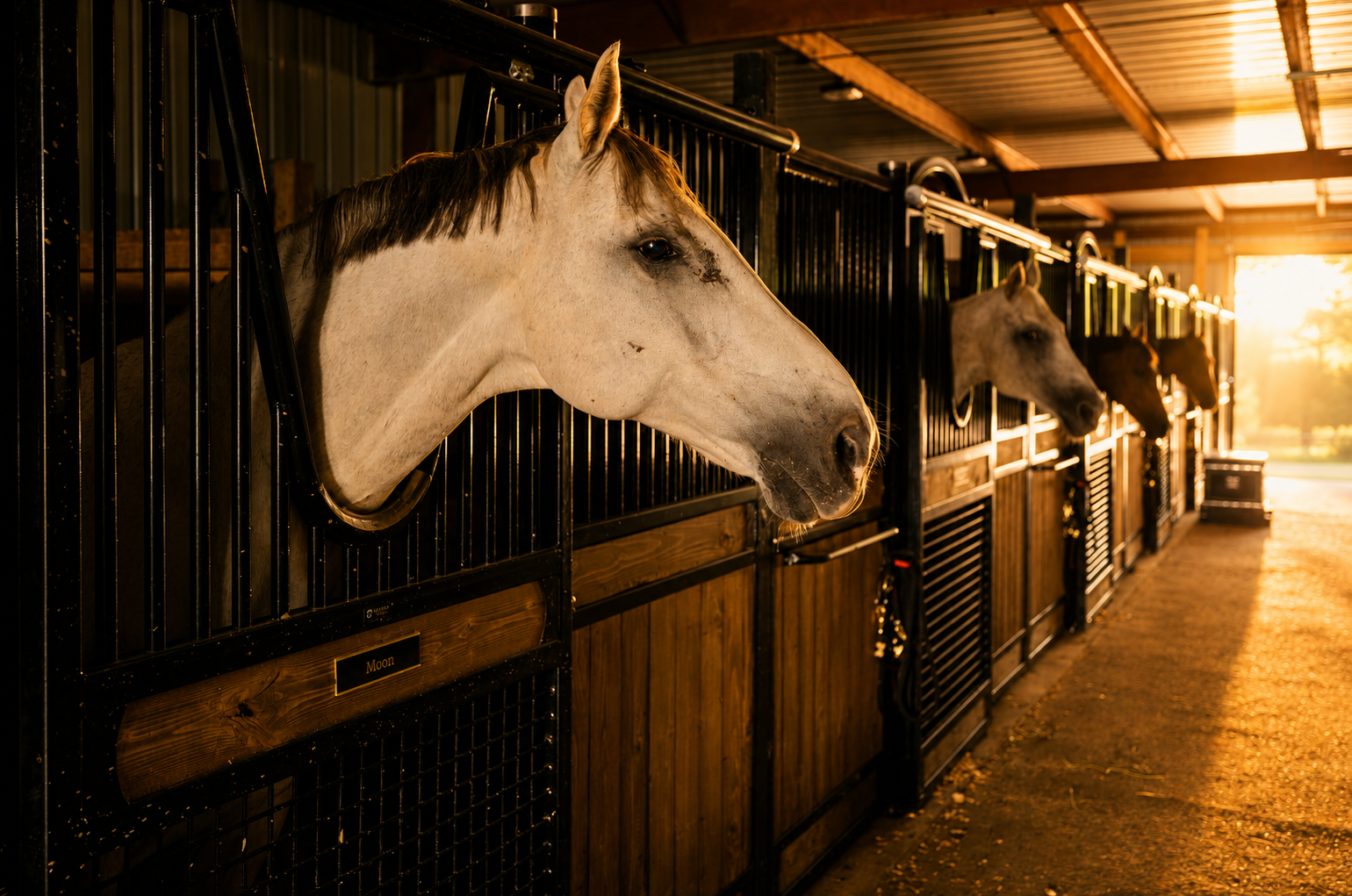 Four horses in a stable illuminated by warm sunlight, with the first horse's head in the foreground.
