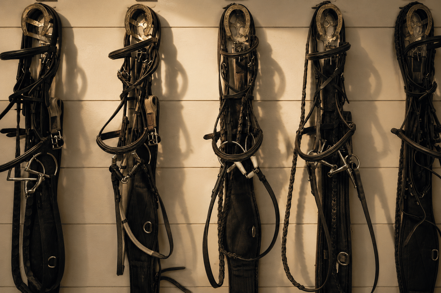 Rows of horse bridles hanging on a wall in a tack shop or stable.