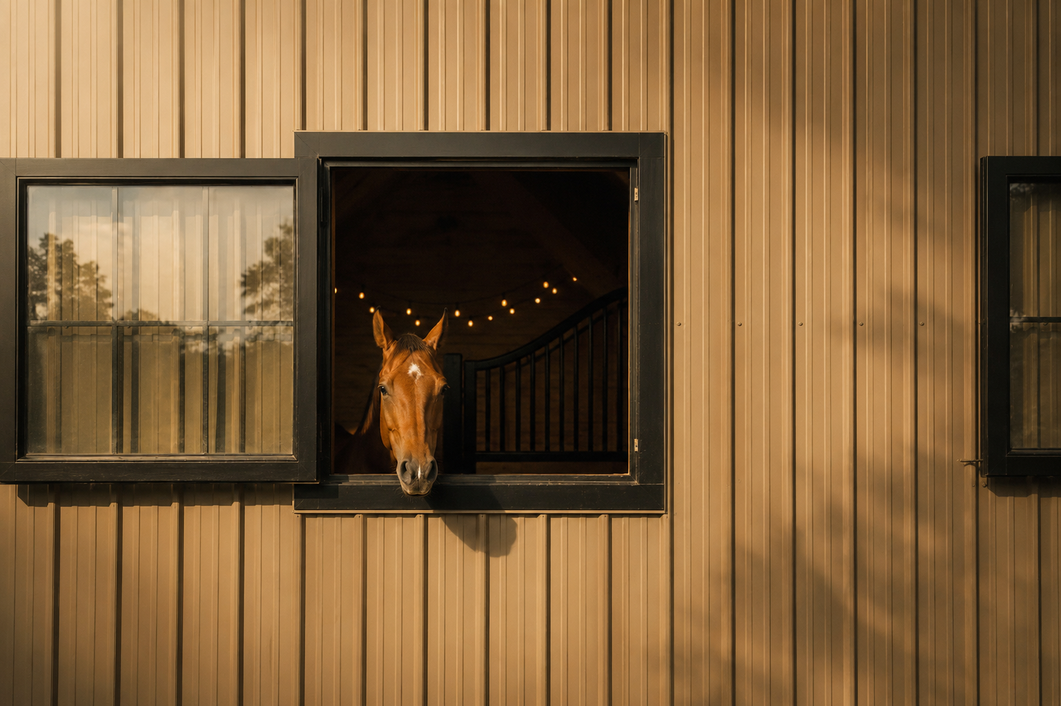 A horse looking out of an open window of a barn with a string of lights inside.