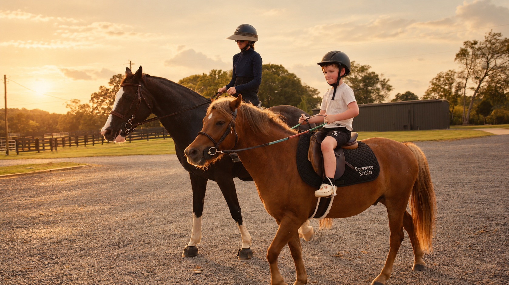 Two children riding horses on a gravel pathway at sunset, with lush trees and fencing in the background.
