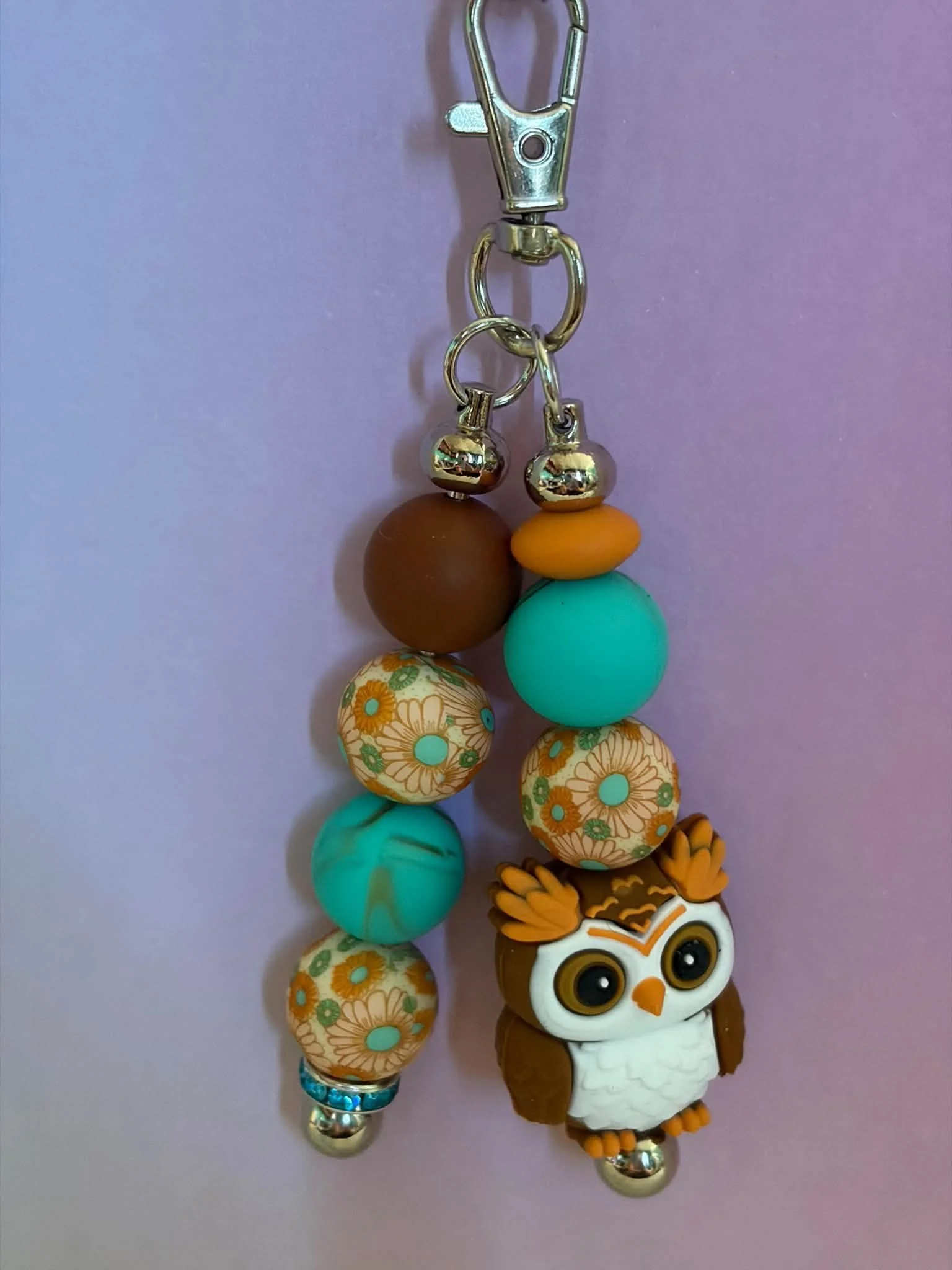 Double Brown Owl Turquoise Keychain