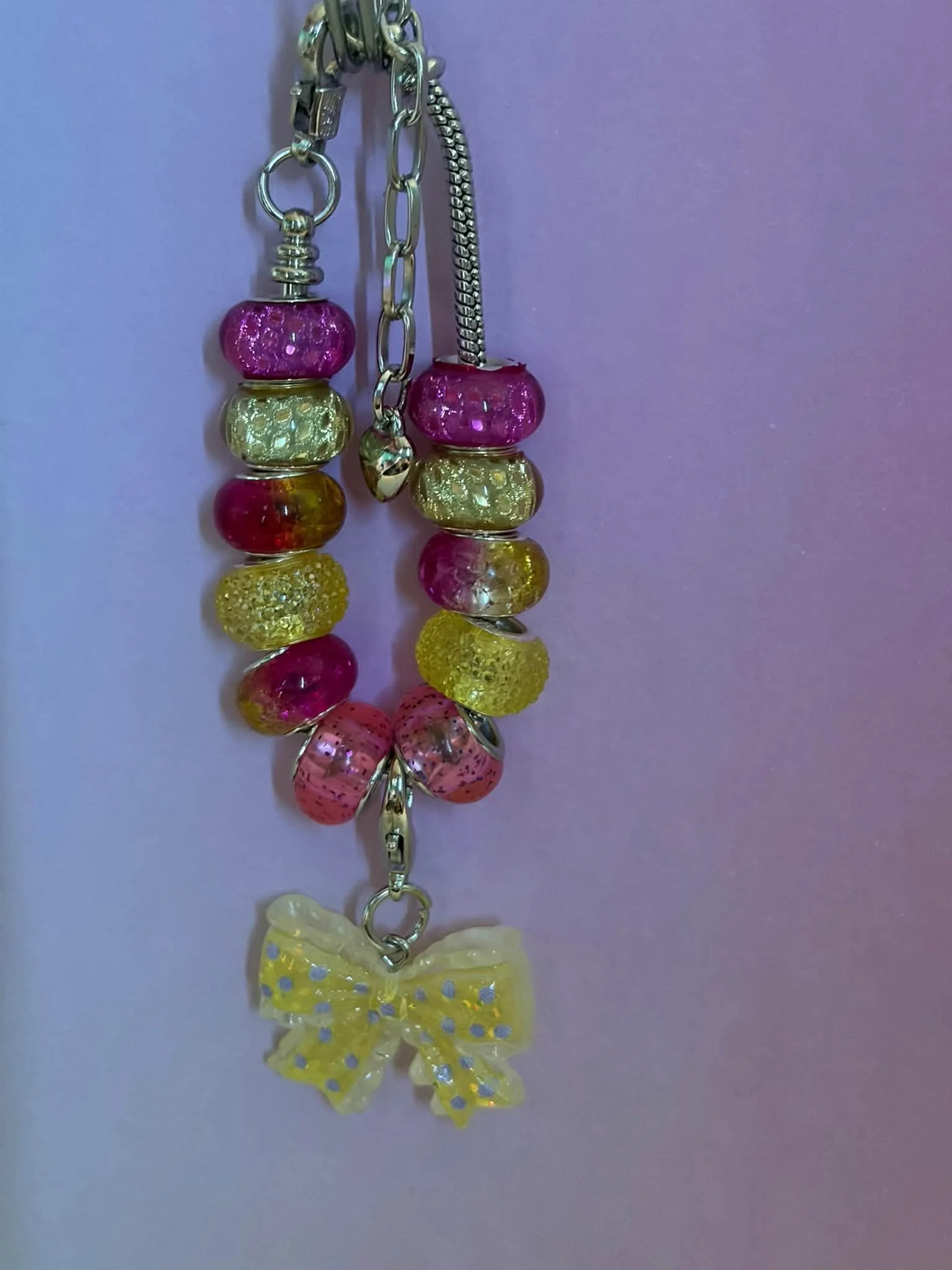 Silver Pink & Yellow Bow Bracelet