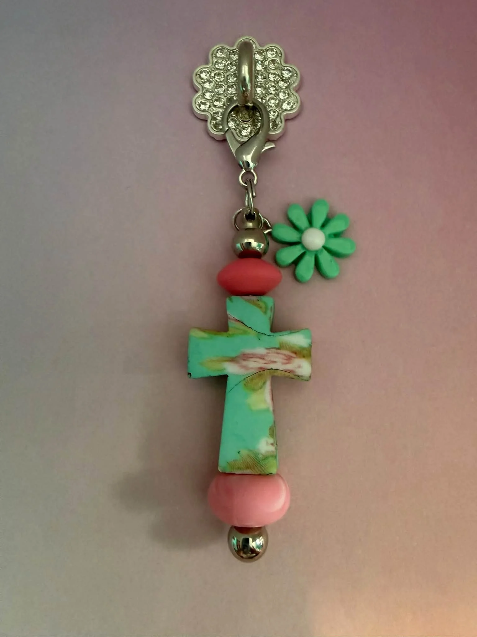 Silver Pink & Teal Cross Phone Charm
