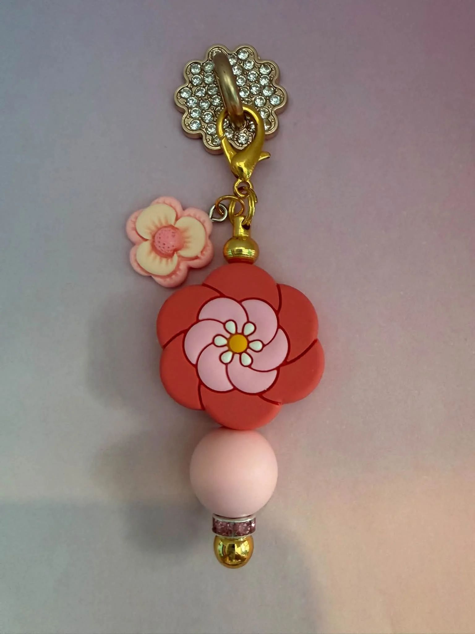 Gold Pink Flower Phone Charm