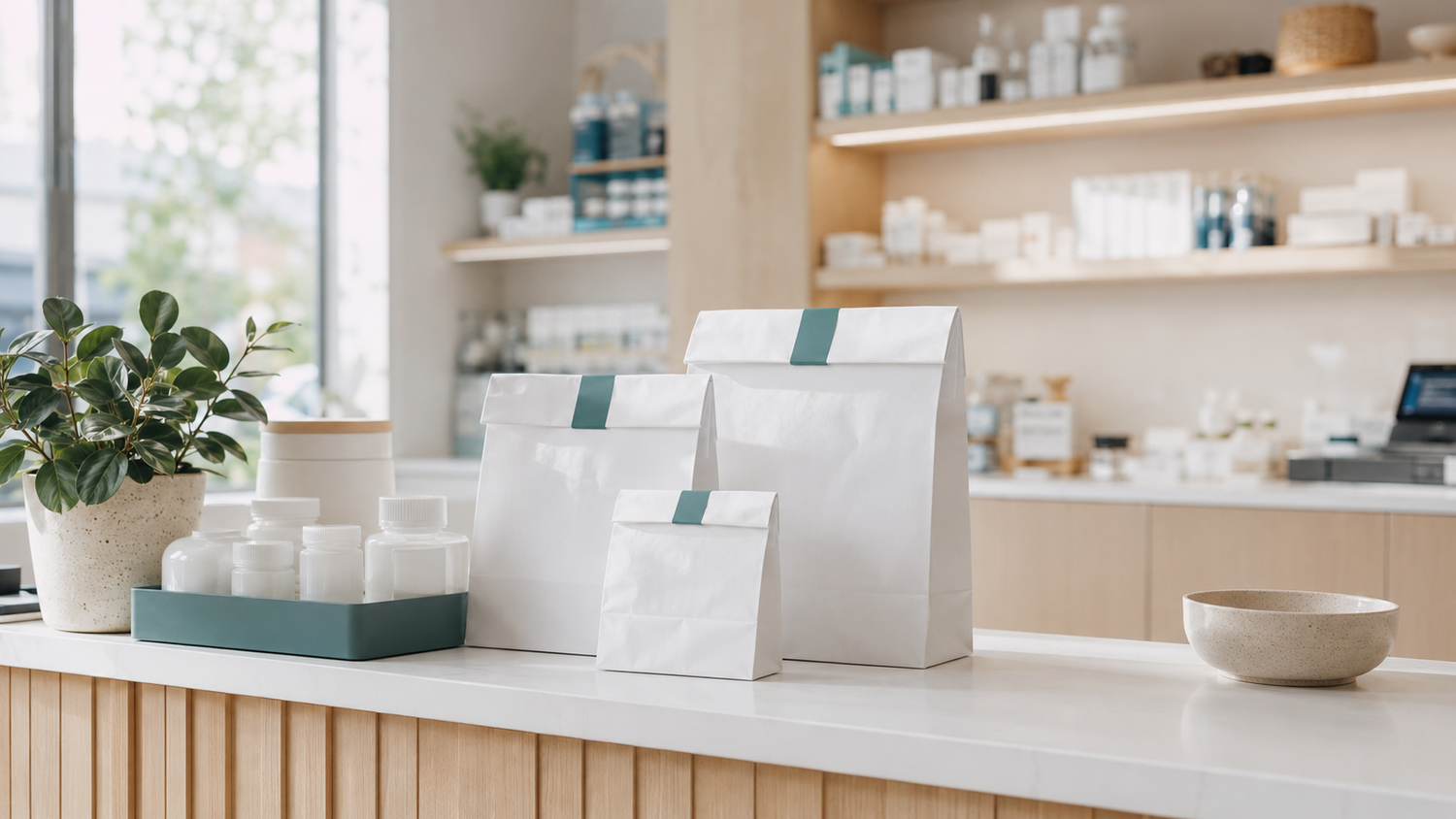 Mindful Pharmacy prescription packaging in a warm clinical setting
