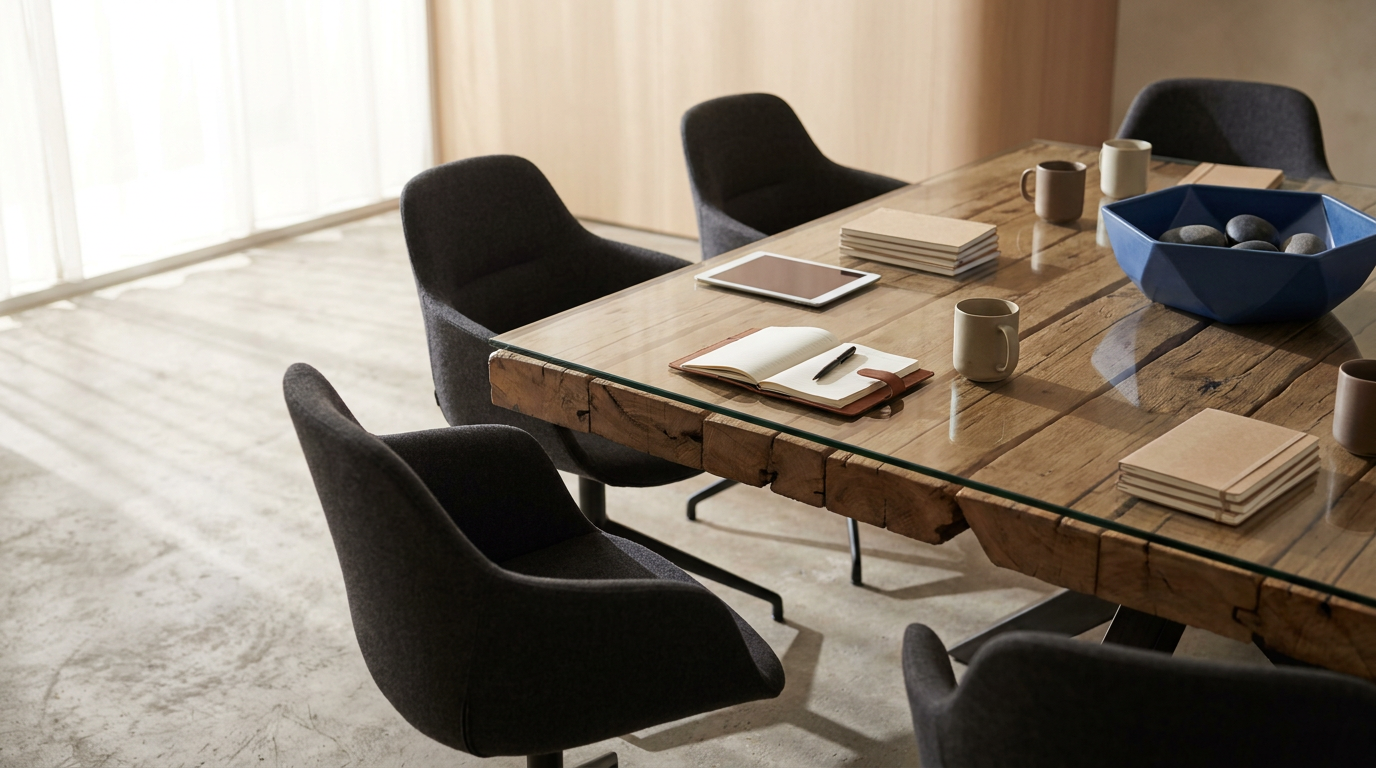 Conference table with chairs, notebooks, mugs, a tablet, and a blue bowl with stones.
