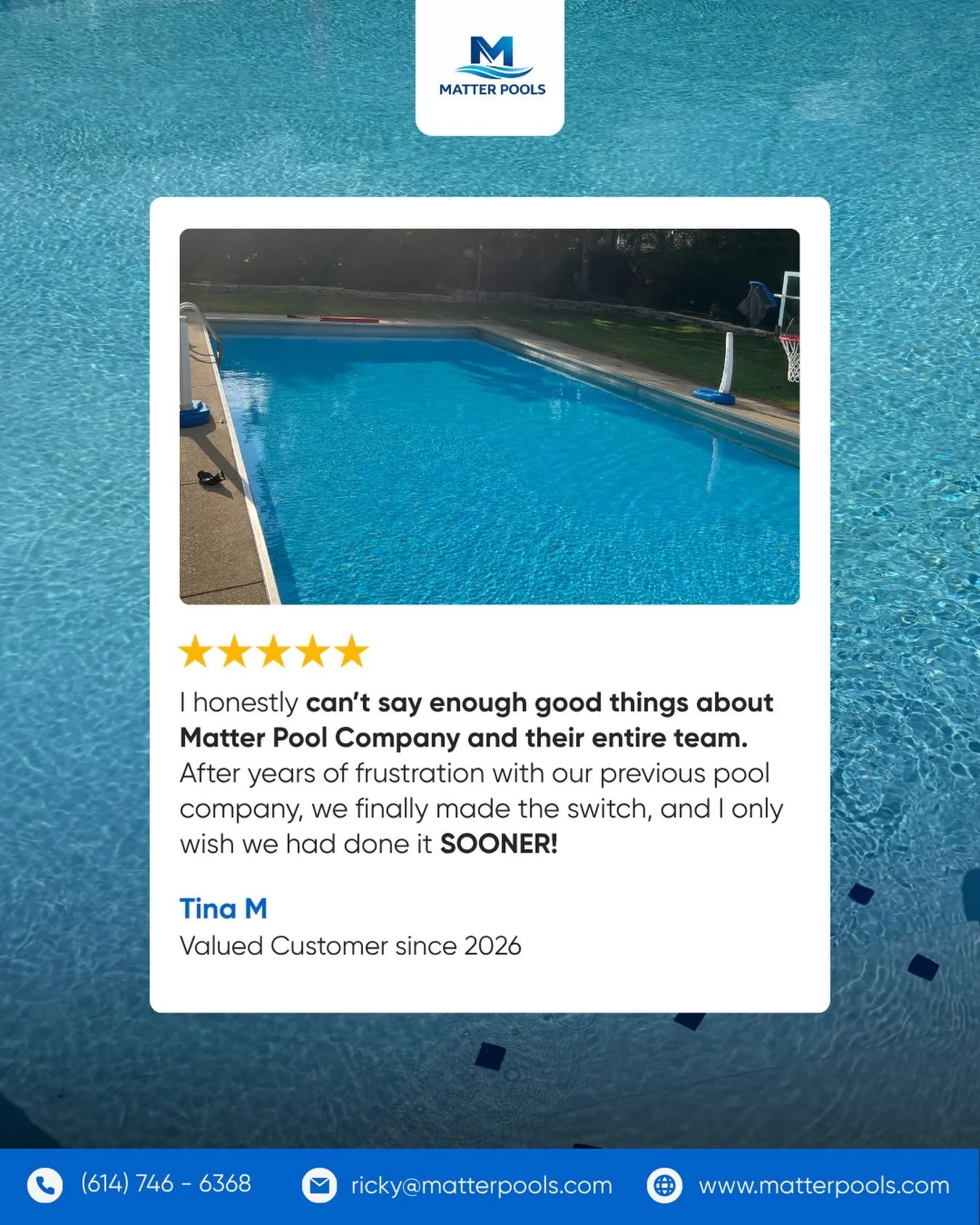 Happy Matter Pools customer review alongside a clean residential swimming pool