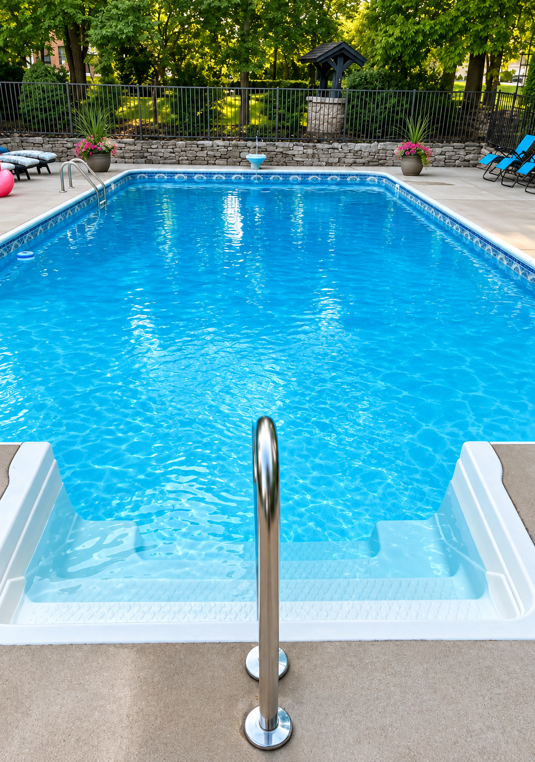 Clean residential swimming pool with clear blue water after professional pool service