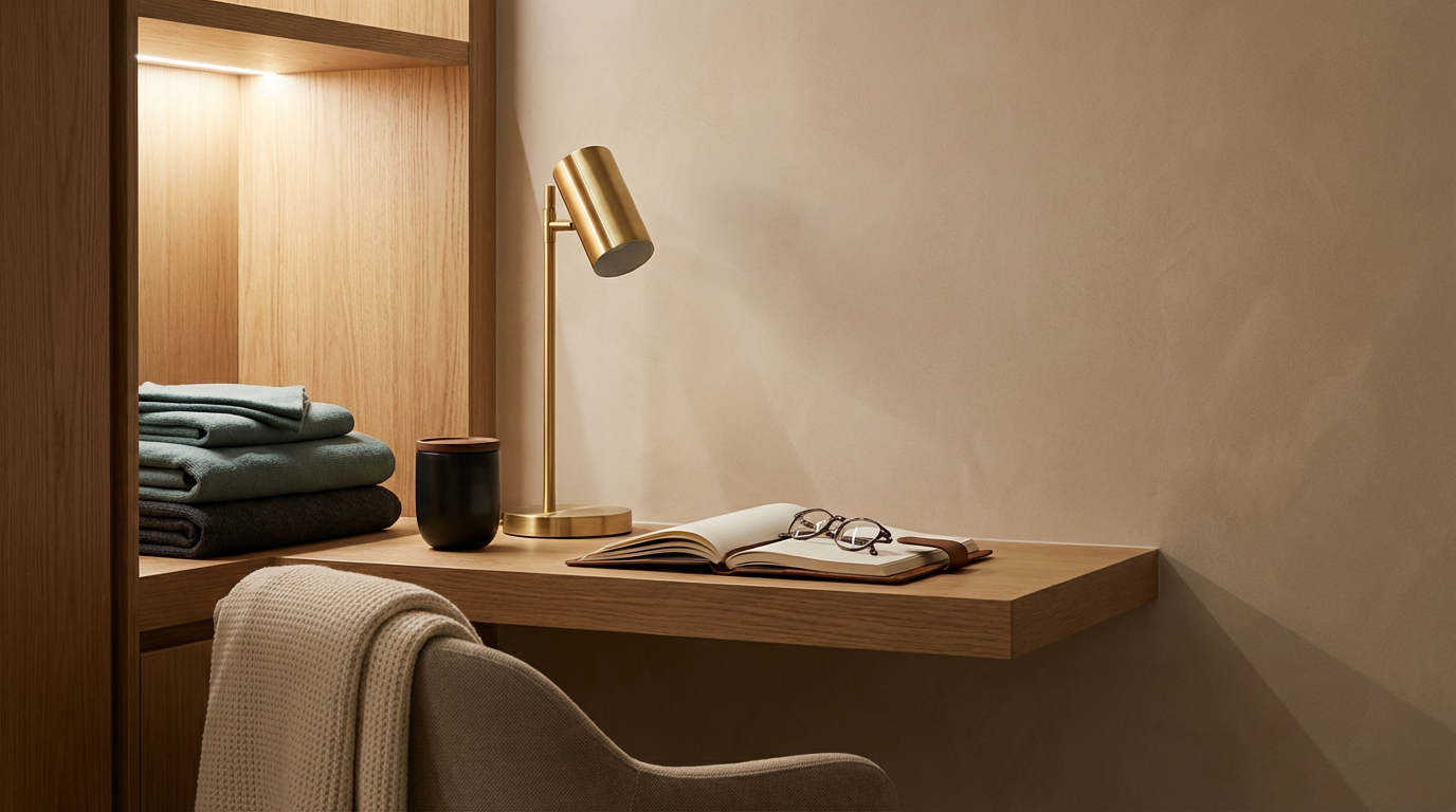 A minimalist workspace with a wooden desk, an open book, reading glasses, a black coffee mug, a brass desk lamp, and folded towels on a shelf.