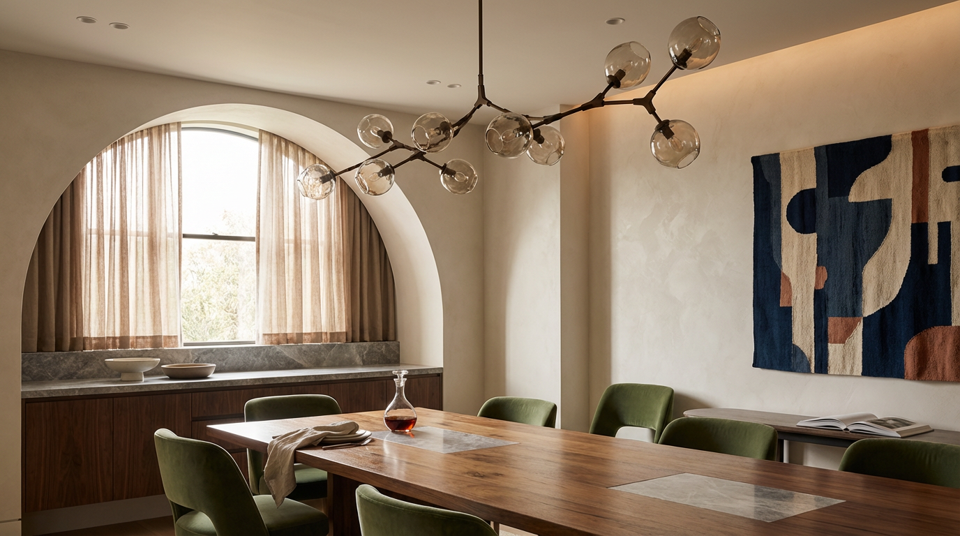 Dining room with a wooden table, six green chairs, a window with beige curtains, a modern chandelier, a blue and brown abstract wall hanging, and a decanter on the table.