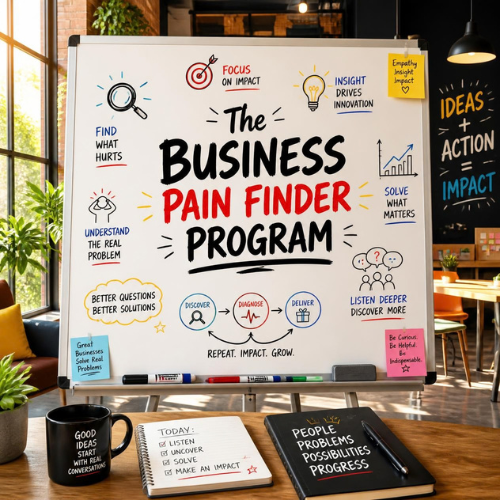 Whiteboard titled 'The Business Pain Finder Program' with colorful handwritten notes and diagrams about identifying problems, understanding real issues, discovering solutions, diagnosing causes, and delivering results in a business context.