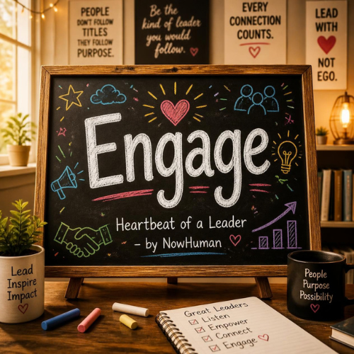 A blackboard with colorful chalk drawings and the word 'Engage' in large white letters, surrounded by icons like a heart, cloud, groups of people, light bulb, megaphone, handshake, and a chart. NowHuman - Heartbeat of a Leader.