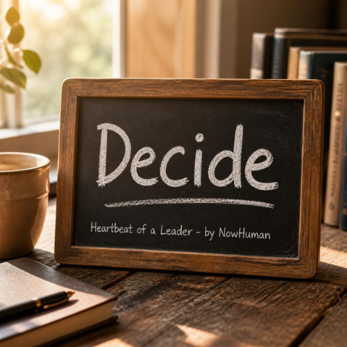 A small chalkboard sign with the word "Decide" written on it, placed on a wooden desk with a plant, a notebook, and a cup nearby. NowHuman - Heartbeat of a Leader.