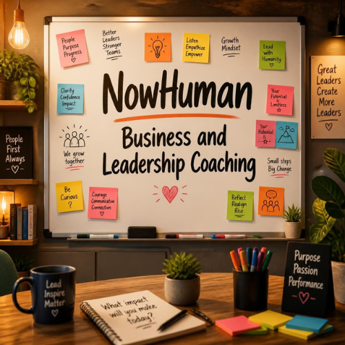 Whiteboard with colorful sticky notes and text for NowHuman business and leadership coaching, surrounded by books, plants, and office supplies.