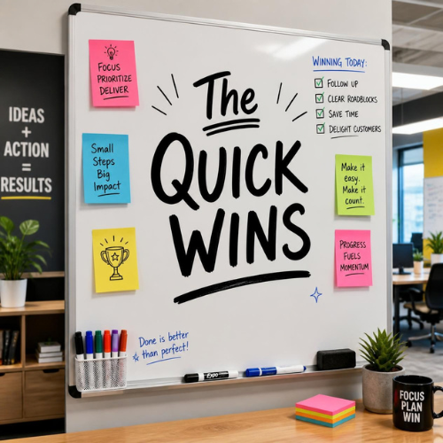 Whiteboard with the words "The Quick Wins" in large black letters, surrounded by colorful sticky notes with motivational messages, a small trophy drawing, and a black marker tray, set in an office environment.