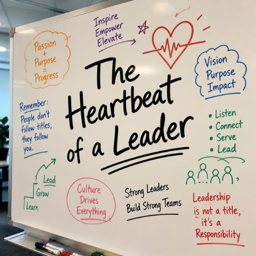 A Whiteboard with NowHuman-Heartbeat of a Leader. It includes tips like inspire, empower, elevate; remember people don't follow titles, they follow you; and leadership is a responsibility, not a title.