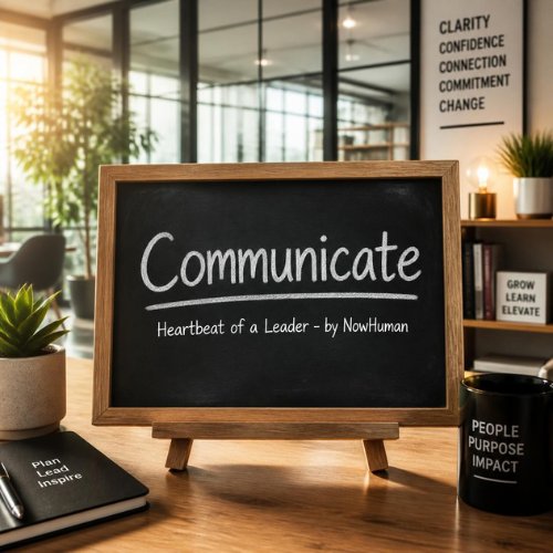 A chalkboard with the word 'Communicate' and the phrase 'Heartbeat of a Leader - by NowHuman' written on it, on a wooden table with books, potted plants, and a background of a modern office with large windows and a poster listing positive traits.