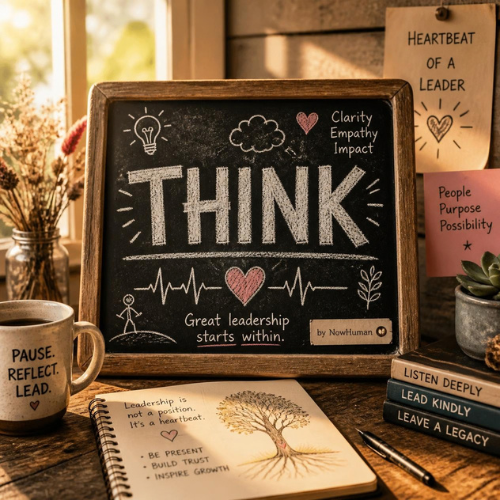 A chalkboard with the word "THINK" and motivational words and symbols, surrounded by books, a mug, and plant on a wooden desk. NowHuman - Heartbeat of a Leader.