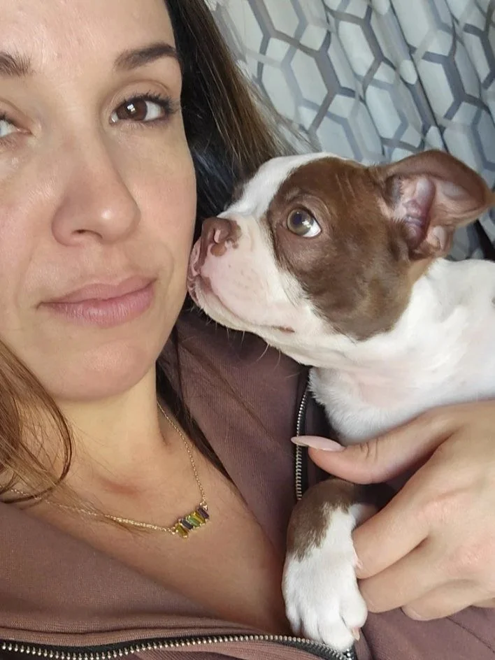 Woman cuddling a brown and white Boston Terrier puppy.